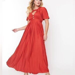 Unique Vintage Smak Parlour 1970s Rust Red Pleated Cape Maxi Dress